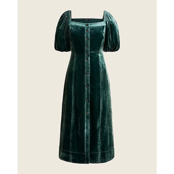 J. Crew Dresses & Skirts - J Crew Puff Sleeve Green Velvet Dress NWT